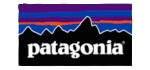 Patagonia logo featuring stylized mountain silhouette in black against a gradient blue-purple sky, with company name in bold white letters below.