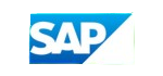 SAP logo with the company name in white bold letters against a blue angled rectangular background.
