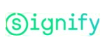 Signify logo in green circular motifs surrounding the company name in white sans-serif font on a transparent background.
