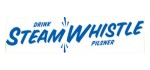 Steam Whistle Brewing logo in blue with "Drink" exclamation, whistle motifs, and "Pilsner" in playful, curved typography.